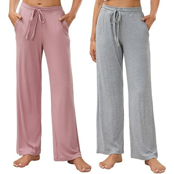 HEARTNICE 2 Pack Women's Pajamas Pants, with Pockets Pj Bottoms Lounge Stretch Yoga Sweatpants,(Light Grey Mel+Dark Pink,M)