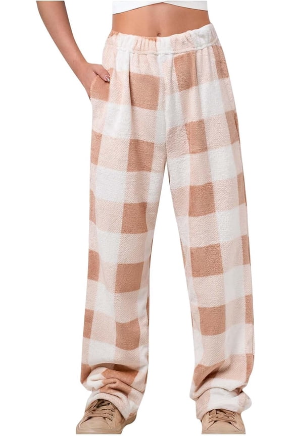 Fleece Women Pajama Pants, Soft Winter Comfy Plaid Sleep Pants Fluffy Lounge Sleep Bottoms with Pocket