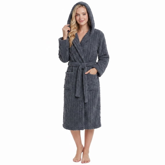 HEARTNICE Fuzzy Robes for Women, Long Plush Hooded Fluffy Warm Bathrobes,(Dark Grey,2XL-3XL)