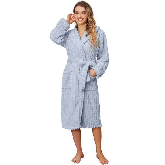 HEARTNICE Fuzzy Robes for Women, Long Plush Hooded Fluffy Warm Bathrobes,(Light Blue,L-XL)