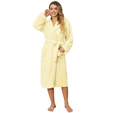 HEARTNICE Fuzzy Robes for Women, Long Plush Hooded Fluffy Warm Bathrobes,(Light Yellow,S-M)