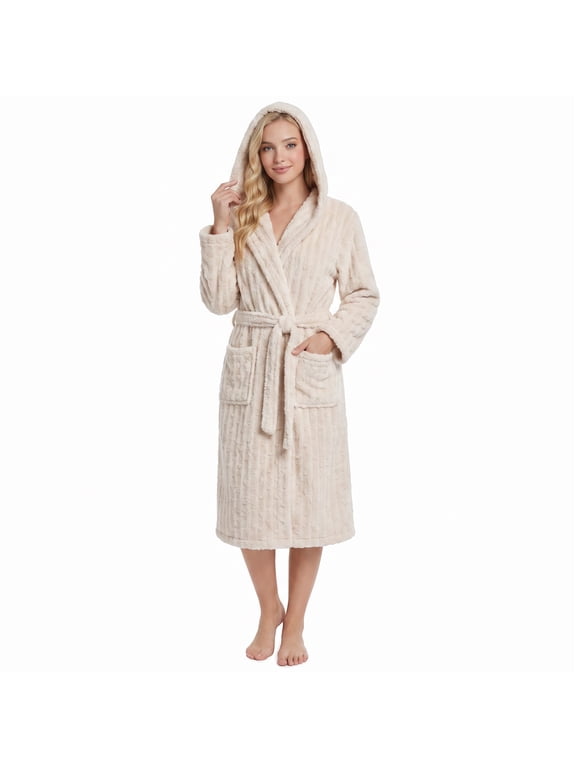 Fuzzy Robes for Women, Long Plush Hooded Fluffy Warm Bathrobes,(Off-White,L-XL)