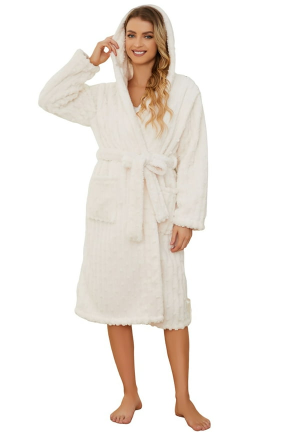 Fuzzy Robes for Women, Long Plush Hooded Fluffy Warm Bathrobes,(Off-White,S-M)