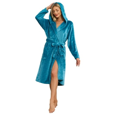 HEARTNICE Hooded Fleece Robe for Womens, SoftPlush Bathrobe Long Warm House Coat,(Blue Green,L-XL)