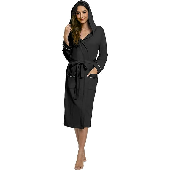 HEARTNICE Hooded Robe for Women, Soft Kimono Spa Knit Long Bathrobe Lightweight Blended Cotton Loungewear with 3/4 Sleeve, (Black Hooded,L)