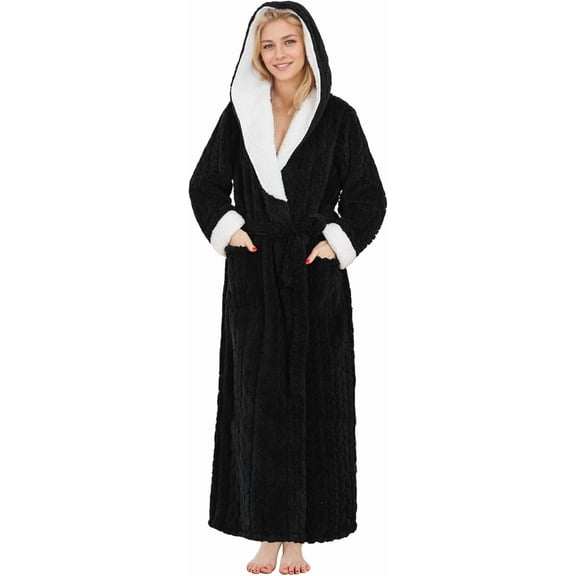 HEARTNICE Plush Full-Length Hooded Robe for Women, Cozy Warm Winter Fleece Bathrobe with Pockets(BLACK, 2XL/3XL)