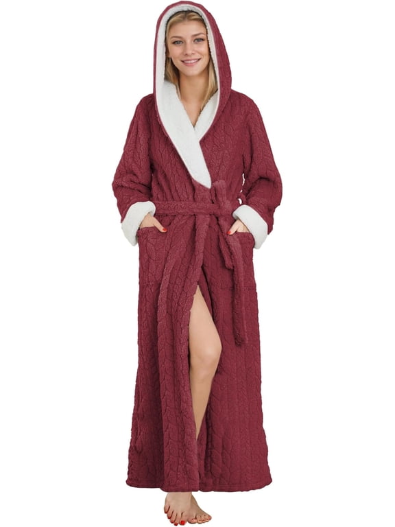 Plush Full-Length Hooded Robe for Women, Cozy Warm Winter Fleece Bathrobe with Pockets(BURGUNDY, L/XL)