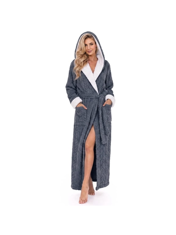 Plush Full-Length Hooded Robe for Women, Cozy Warm Winter Fleece Bathrobe with Pockets(DARK GREY, L/XL)