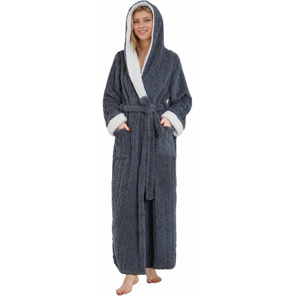 HEARTNICE Plush Full-Length Hooded Robe for Women, Cozy Warm Winter Fleece Bathrobe with Pockets(DARK GREY, L/XL)