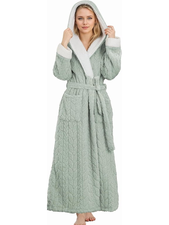 Plush Full-Length Hooded Robe for Women, Cozy Warm Winter Fleece Bathrobe with Pockets(GREY GREEN, L/XL)