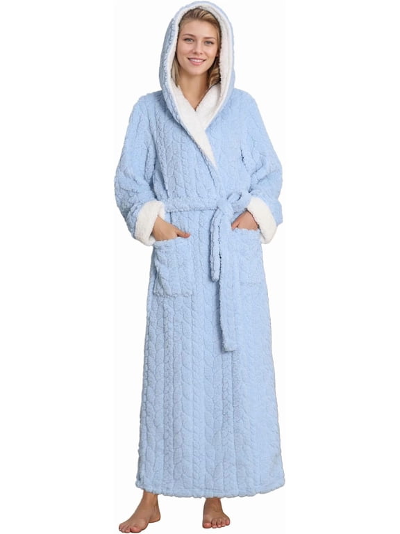 Plush Full-Length Hooded Robe for Women, Cozy Warm Winter Fleece Bathrobe with Pockets(LIGHT BLUE, L/XL)