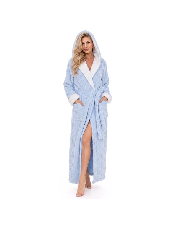 Plush Full-Length Hooded Robe for Women, Cozy Warm Winter Fleece Bathrobe with Pockets(LIGHT BLUE, L/XL)