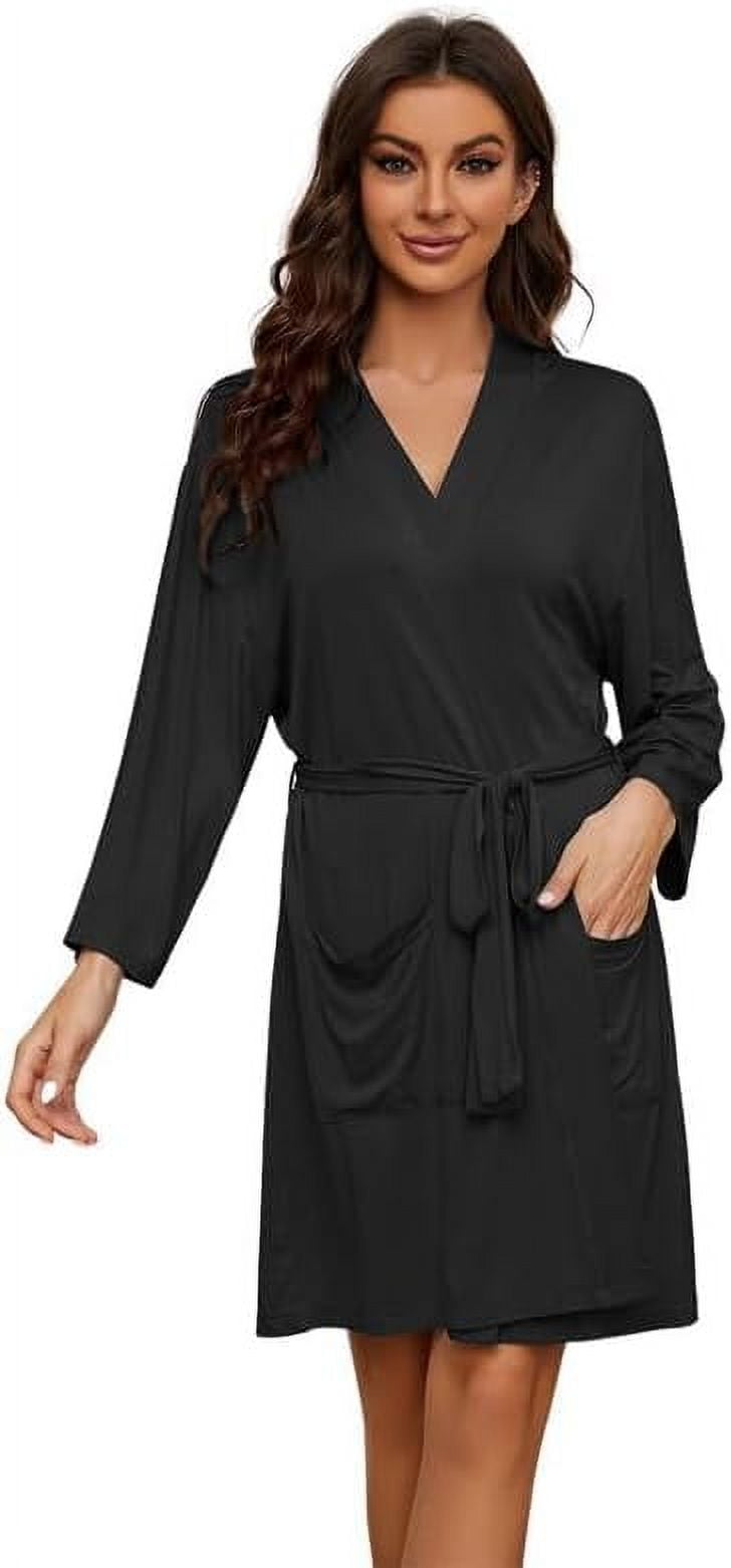 Robes for Women Lightweight Short Knit Kimono Knee Length Bathrobe for Womens Soft 3/4 Sleeves Summer Sleepwear（Black, Medium）