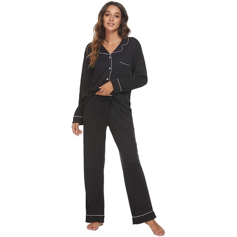Women Button up Pajama Set Long Sleeve Sleepwear Lightweight Pjs Set, Black 2XL