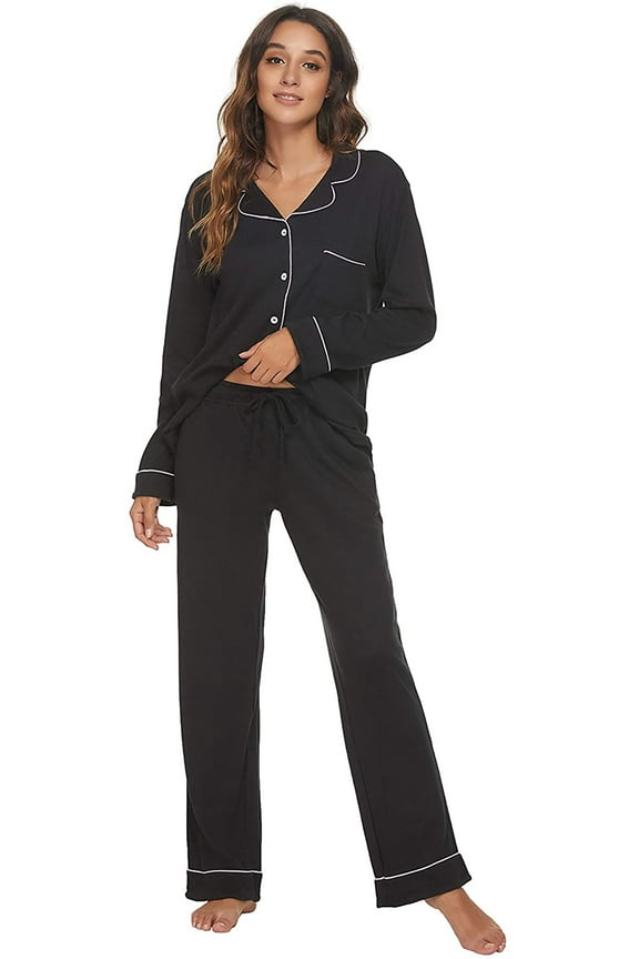 Women Button up Pajama Set Long Sleeve Sleepwear Lightweight Pjs Set, Black XL
