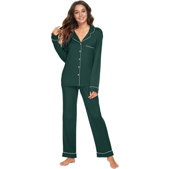 HEARTNICE Women Button up Pajama Set Long Sleeve Sleepwear Lightweight Pjs Set,(Dark Green,M)