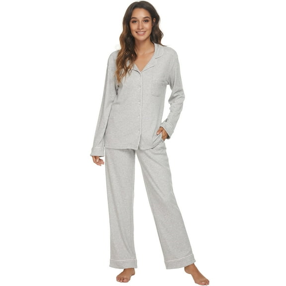 HEARTNICE Women Button up Pajama Set Long Sleeve Sleepwear Lightweight Pjs Set, (Grey Mel,2XL)