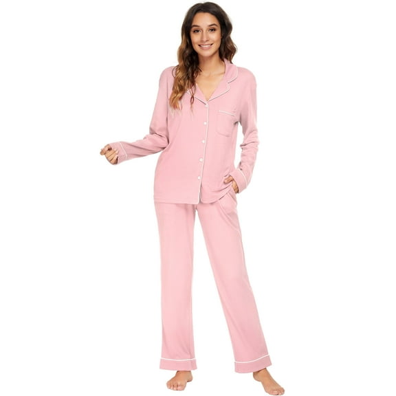 HEARTNICE Women Button up Pajama Set Long Sleeve Sleepwear Lightweight Pjs Set, (Pink,2XL)