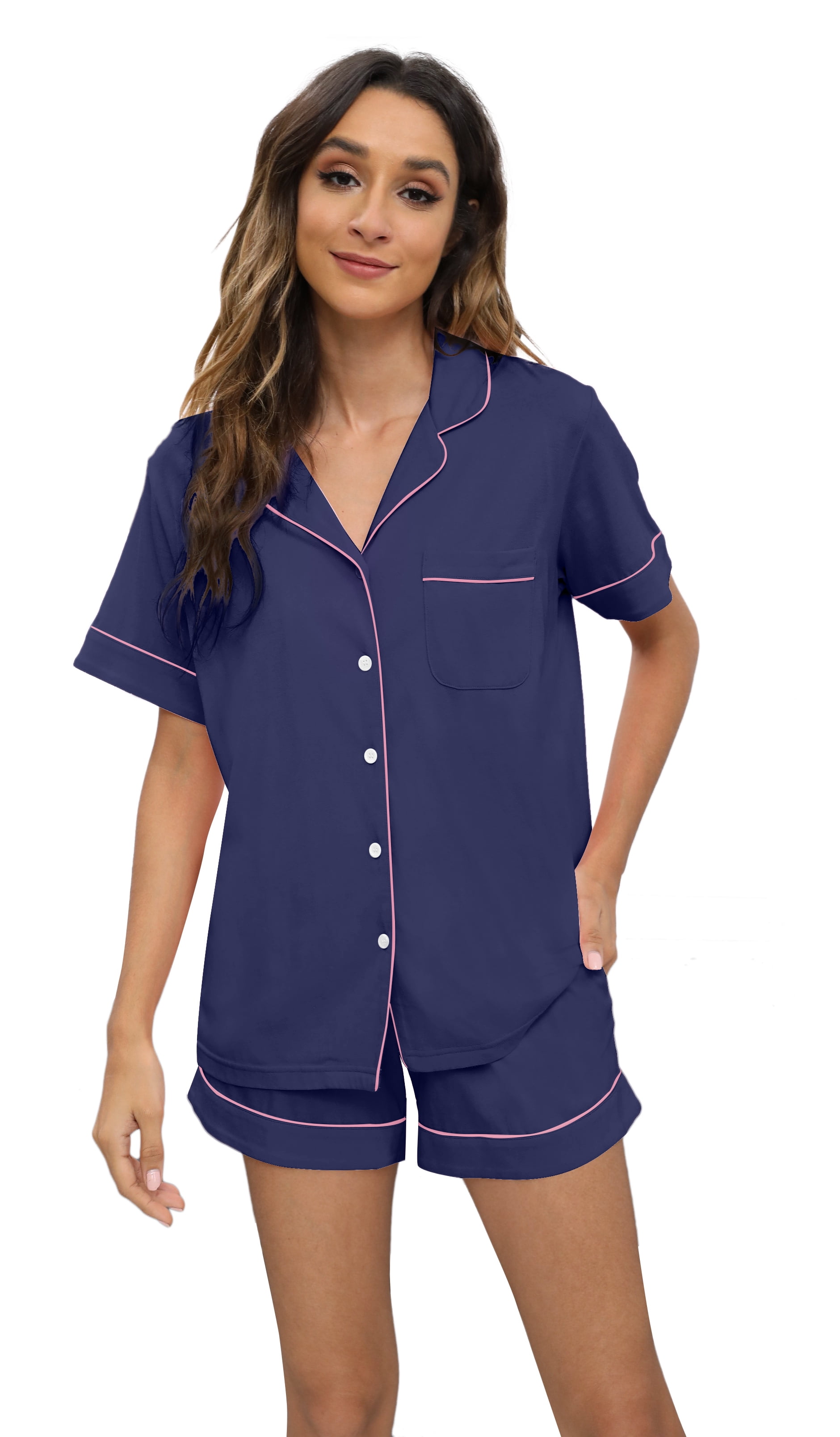 HEARTNICE Women Button up Pajama Set Summer Lightweight Shorts Sleepwear Pjs Set Navy XL