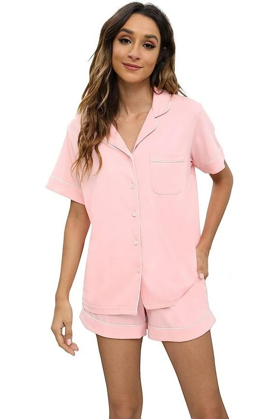 Women Button up Pajama Set, Summer Lightweight Shorts Sleepwear Pjs Set,(Pink,L)