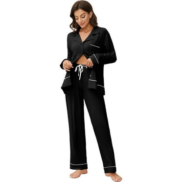 HEARTNICE Women Pajama Sets, Button Up Long Sleeve knit Sleepwear Soft Lounge Pjs,(Black,L)