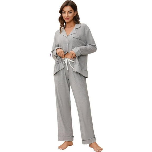 HEARTNICE Women Pajama Sets, Button Up Long Sleeve knit Sleepwear Soft Lounge Pjs,(Light Grey Mel,L)