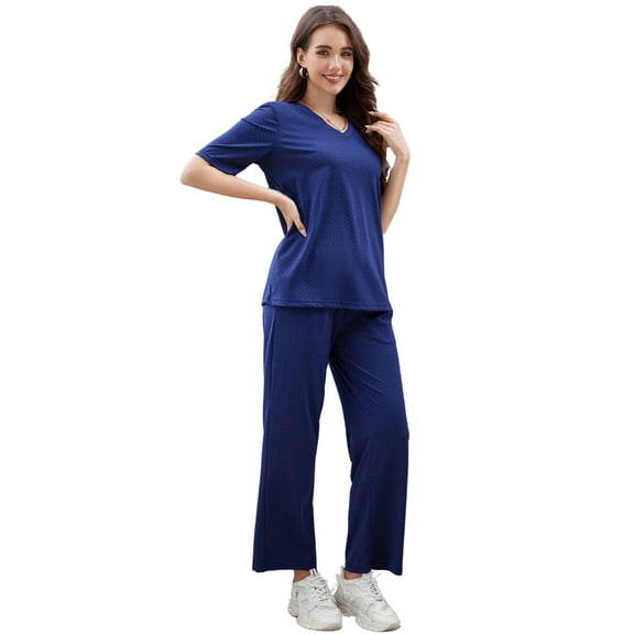 HEARTNICE Women Pajama Sets, Lightweight Short Sleeve Sleepwear Loungewear Top and Long Pants with Pockets,(Navy,L)