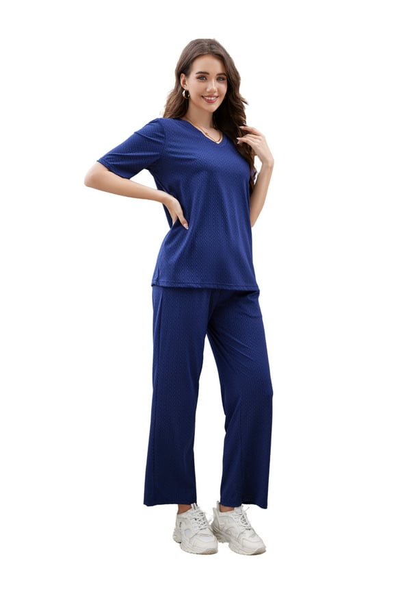 Women Pajama Sets, Lightweight Short Sleeve Sleepwear Loungewear Top and Long Pants with Pockets,(Navy,L)