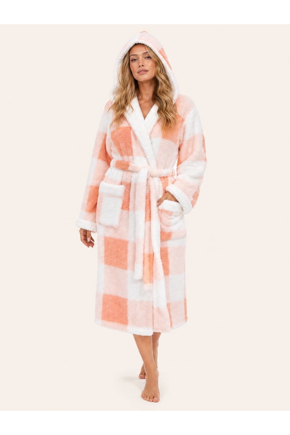 Women Plush Robes, Soft Warm Fleece Long Bathrobe for Women Fluffy Robe with Hood Ladies Sleepwear