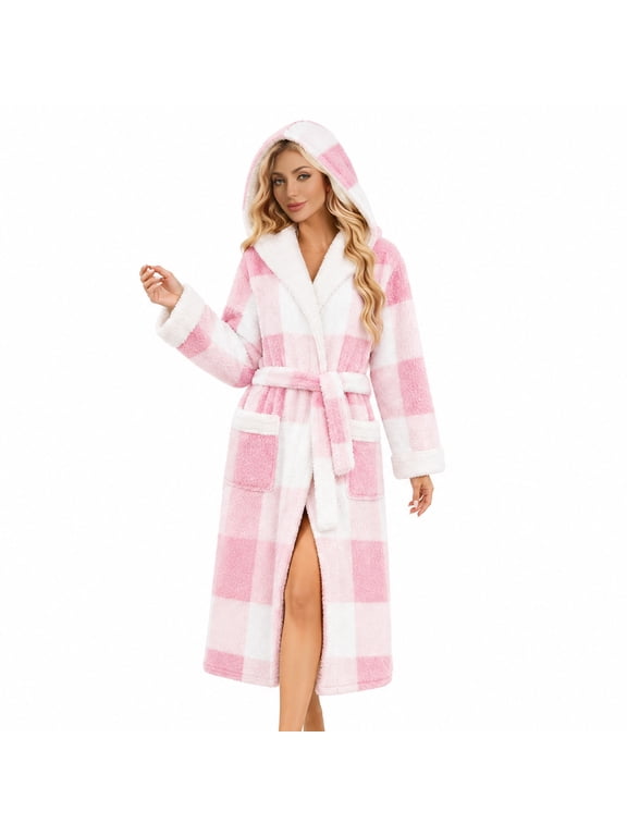 Women Plush Robes, Soft Warm Fleece Long Bathrobe for Women Fluffy Robe with Hood Ladies Sleepwear