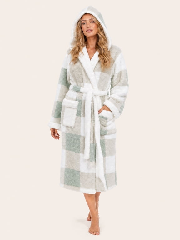 Women Plush Robes, Soft Warm Fleece Long Bathrobe for Women Fluffy Robe with Hood Ladies Sleepwear