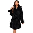 thumbnail image 1 of HEARTNICE Women Plush Short Robe, Hooded Fleece Bathrobe Fluffy Warm Cute Spa Robe,(Black,L-XL), 1 of 4