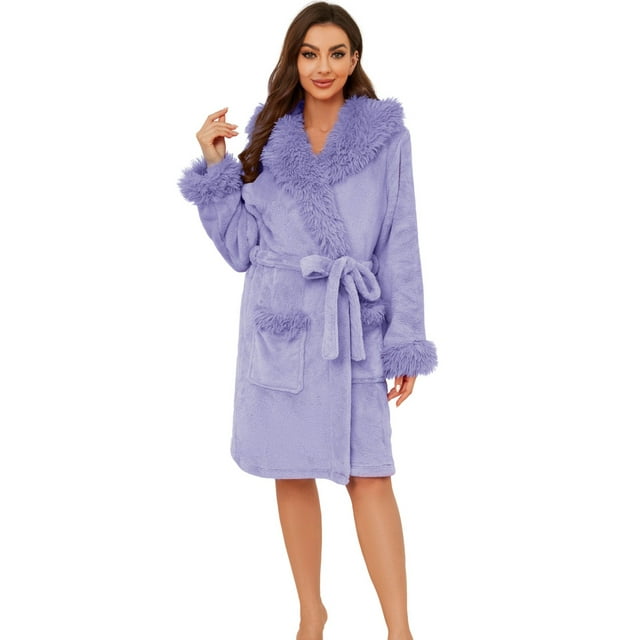 HEARTNICE Women Plush Short Robe, Hooded Fleece Bathrobe Fluffy Warm ...
