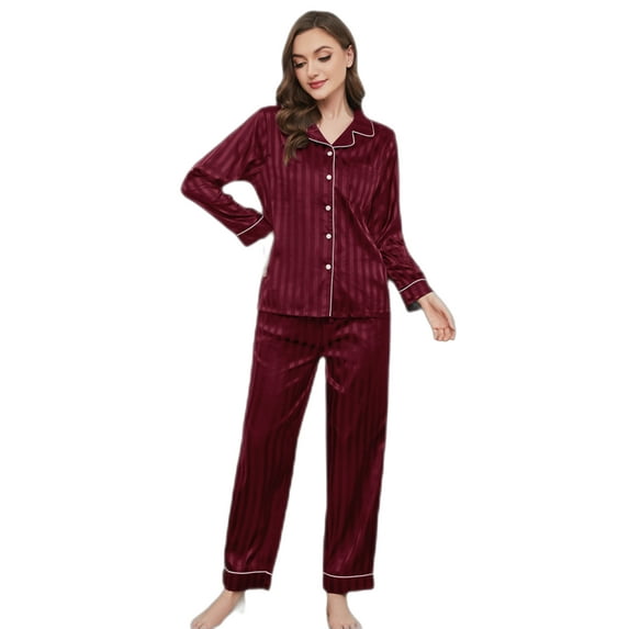 HEARTNICE Women Satin Pajamas Set, Long Sleeve Silk Pajamas for Women Striped Button Down 2-Piece Pj Set (Burgundy Stripe, Large)