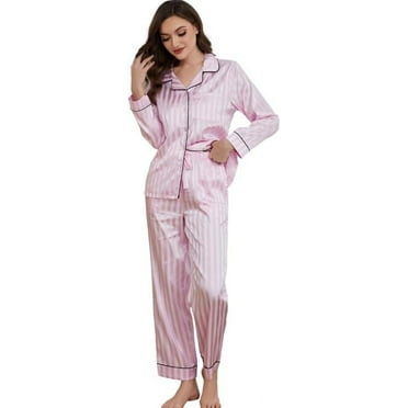 HEARTNICE Women Satin Pajamas Set, Long Sleeve Silk Pajamas for Women Striped Button Down 2-Piece Pj Set （Light Pink Stripe, Medium）