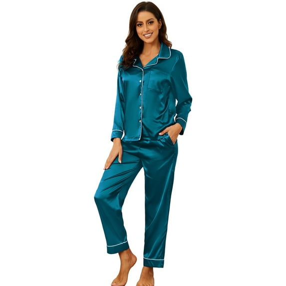 HEARTNICE Women Silk Pajamas Set, Button Down Satin Sleepwear Lightweight Pjs Set,(Blue Green,L)