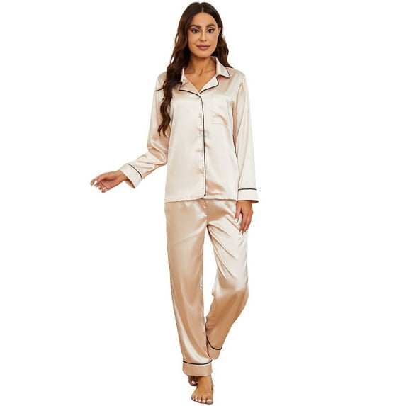 HEARTNICE Women Silk Pajamas Set, Button Down Satin Sleepwear Lightweight Pjs Set,(Champagne,L)
