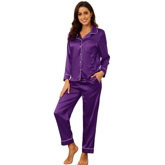 HEARTNICE Women Silk Pajamas Set, Button Down Satin Sleepwear Lightweight Pjs Set,(Dark Purple,L)