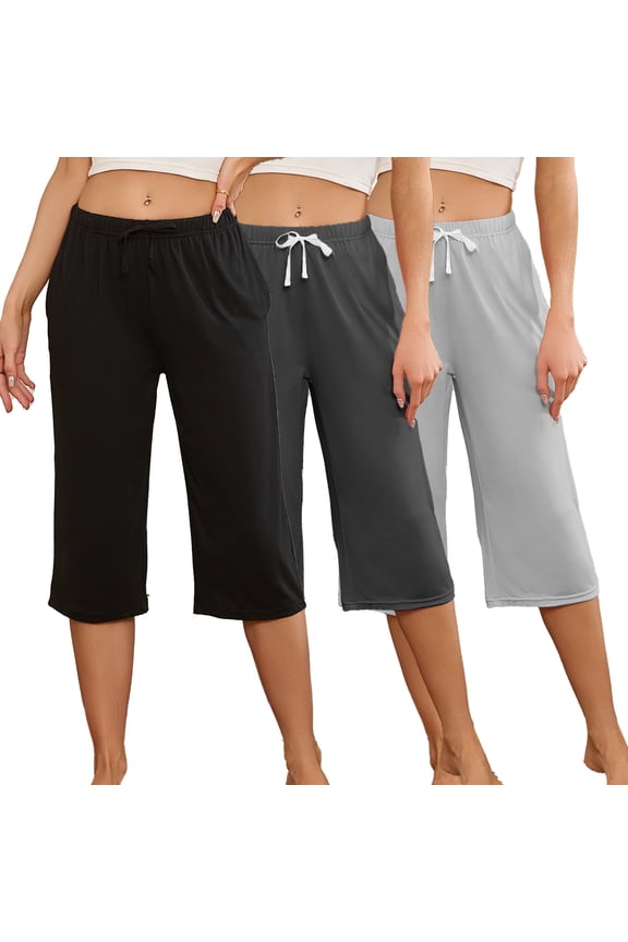 Women's Capri Pajama Pants 3 Pack, Lounge Sleep Pants with Pockets Casual Summer Drawstring Pj Bottoms