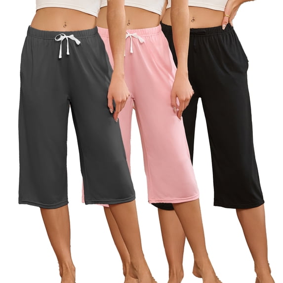 HEARTNICE Women's Capri Pajama Pants 3 Pack, Lounge Sleep Pants with Pockets Casual Summer Drawstring Pj Bottoms