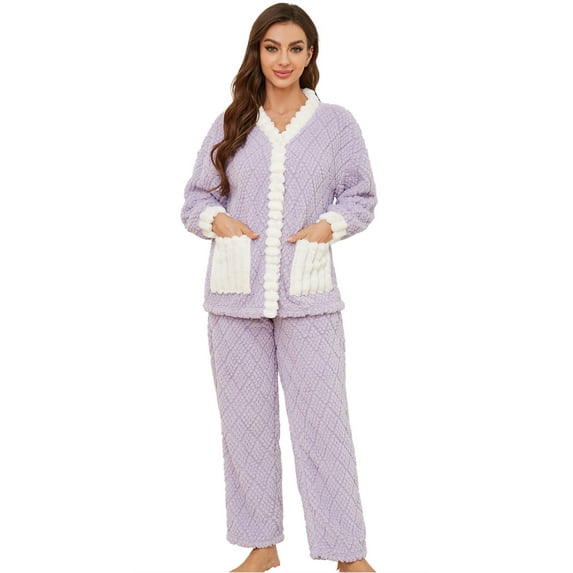 HEARTNICE Women's Fleece Pajama Set, Cozy Plush Lounge Sleepwear Jacquard Pjs set,(Lavender+White,S)