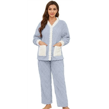 HEARTNICE Women's Fleece Pajama Set, Cozy Plush Lounge Sleepwear Jacquard Pjs set,(Light Blue White,M)