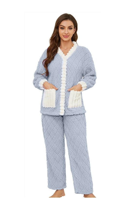 Women's Fleece Pajama Set, Cozy Plush Lounge Sleepwear Jacquard Pjs set,(Light Blue+White,M)