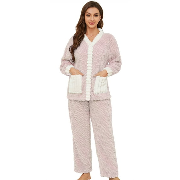 HEARTNICE Women's Fleece Pajama Set, Cozy Plush Lounge Sleepwear Jacquard Pjs set,(Pink+White,2XL)