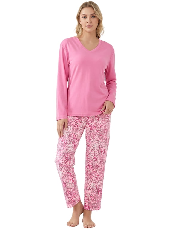 Women's Pajama Sets 100% Cotton Long Sleeve Pjs,Soft Cozy Flannel Sleepwear Sets(Rose Pink /Rose Pink Leopard,M)