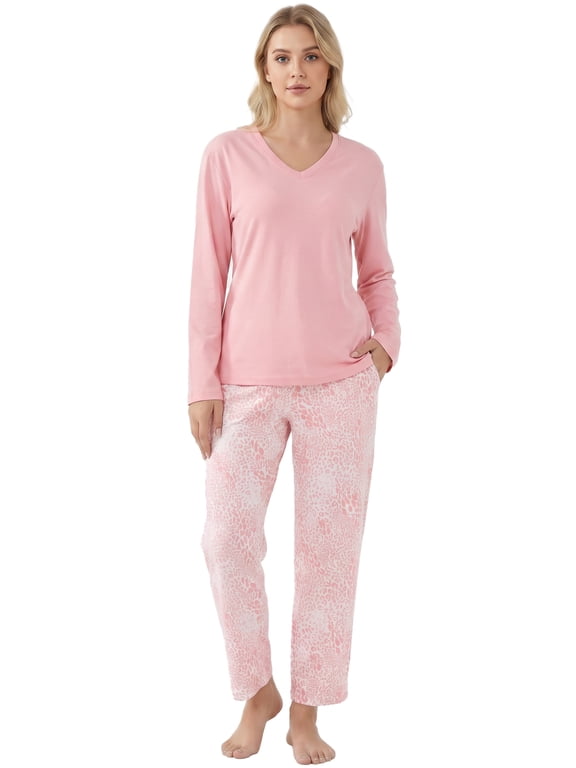 Women's Pajama Sets 100% Cotton Long Sleeve Pjs,Soft Cozy Flannel Sleepwear Sets(Light Pink/Light Pink Leopard,M)