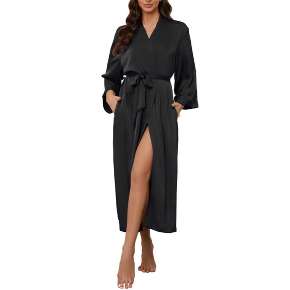 HEARTNICE Women's Silk Full-length Robe, Soft Satin Lightweight Bathrobe,(Black,L)