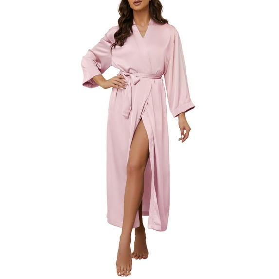 HEARTNICE Women's Silk Full-length Robe, Soft Satin Lightweight Bathrobe,(Dusty Pink,M)