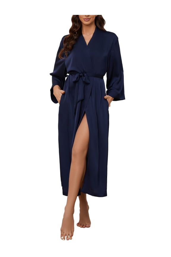 Women's Silk Full-length Robe, Soft Satin Lightweight Bathrobe,(Navy,XL)