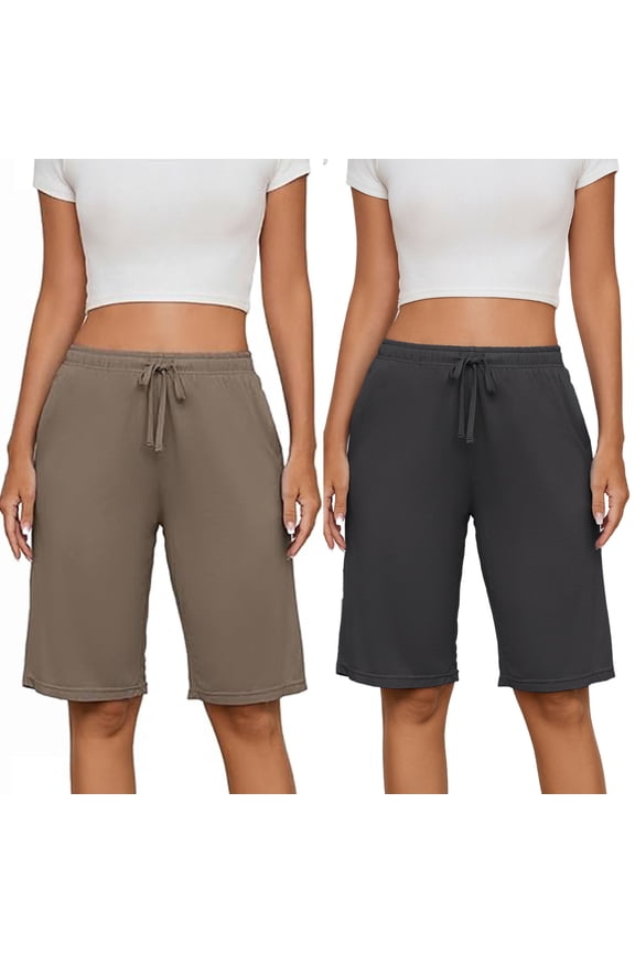 Womens Soft Pajama Shorts Lounge Bermuda Shorts Casual Knee-Length Sleep Shorts 2 PACK (Dark Grey+Brown,L)